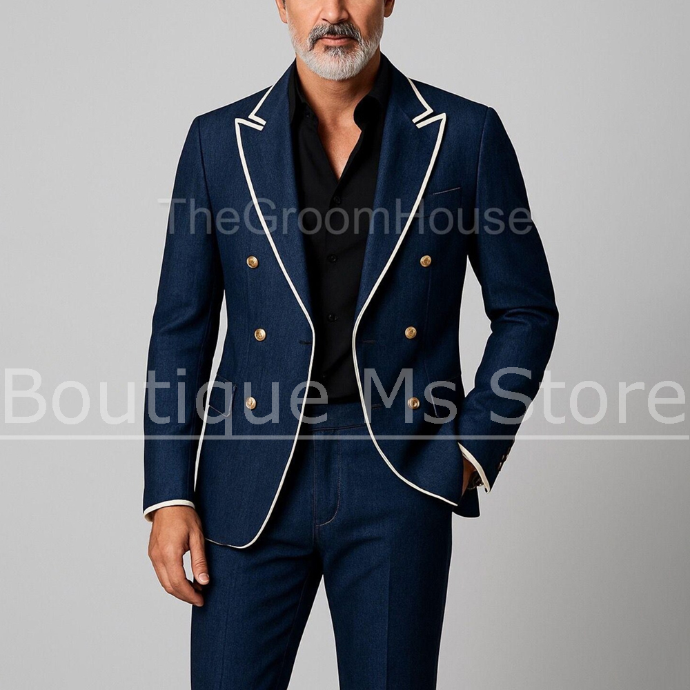 Men Formal Wear Outfits - Men Denim Double Breasted 2 Piece