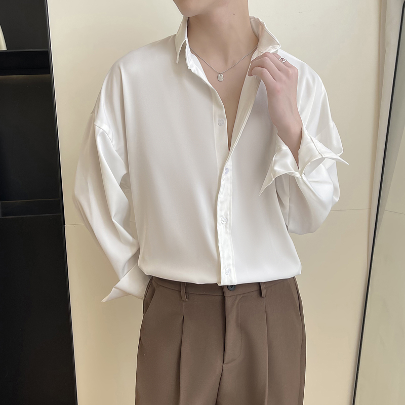 Korean Men Formal Wear - White Long Sleeved Shirt Men Oversized