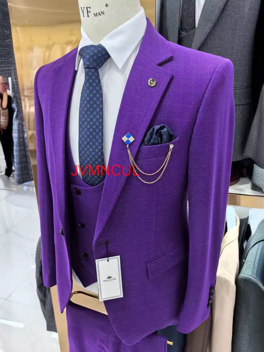 Men Formal Wear With Blazer - Men's Checkered 3 Piece Suit Slim