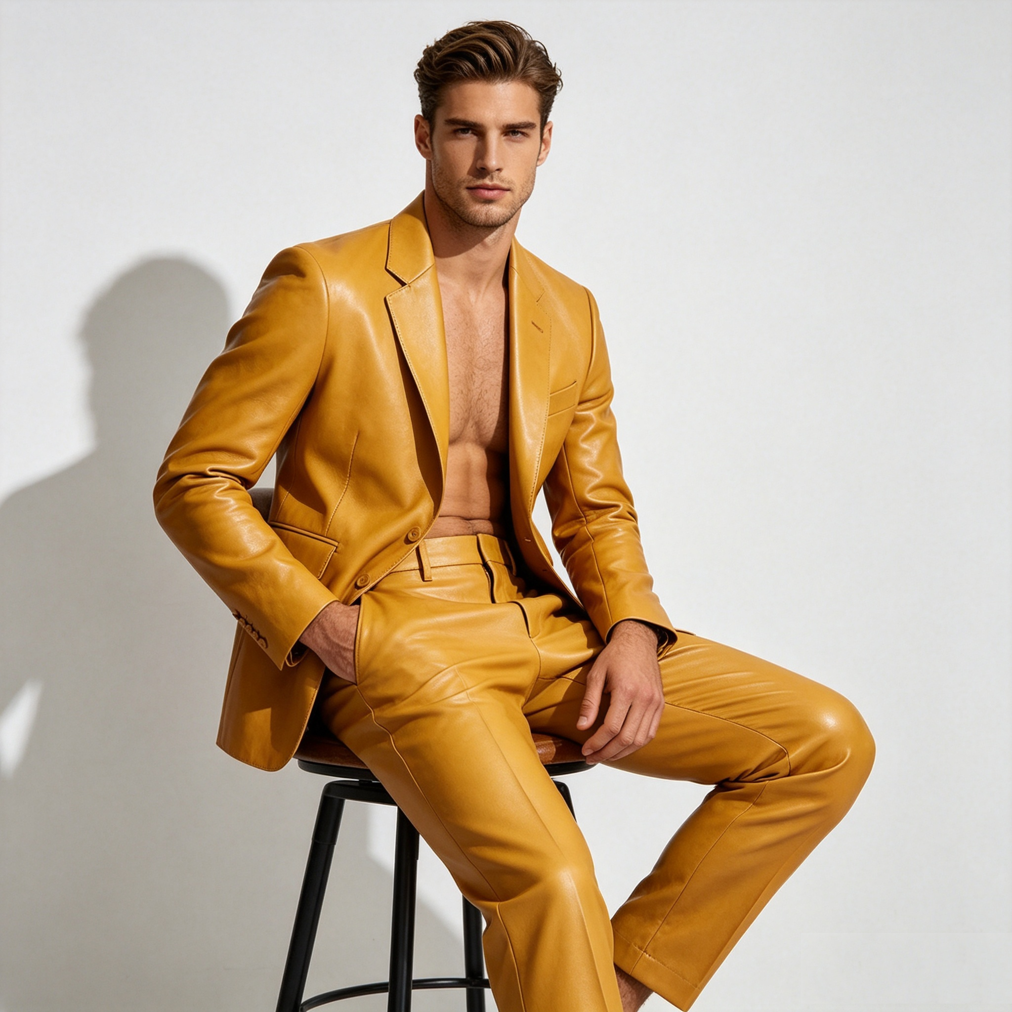 Yellow PU Leather Men Suit Set - Formal Wear For Men Yellow incelemesi ve fiyatı