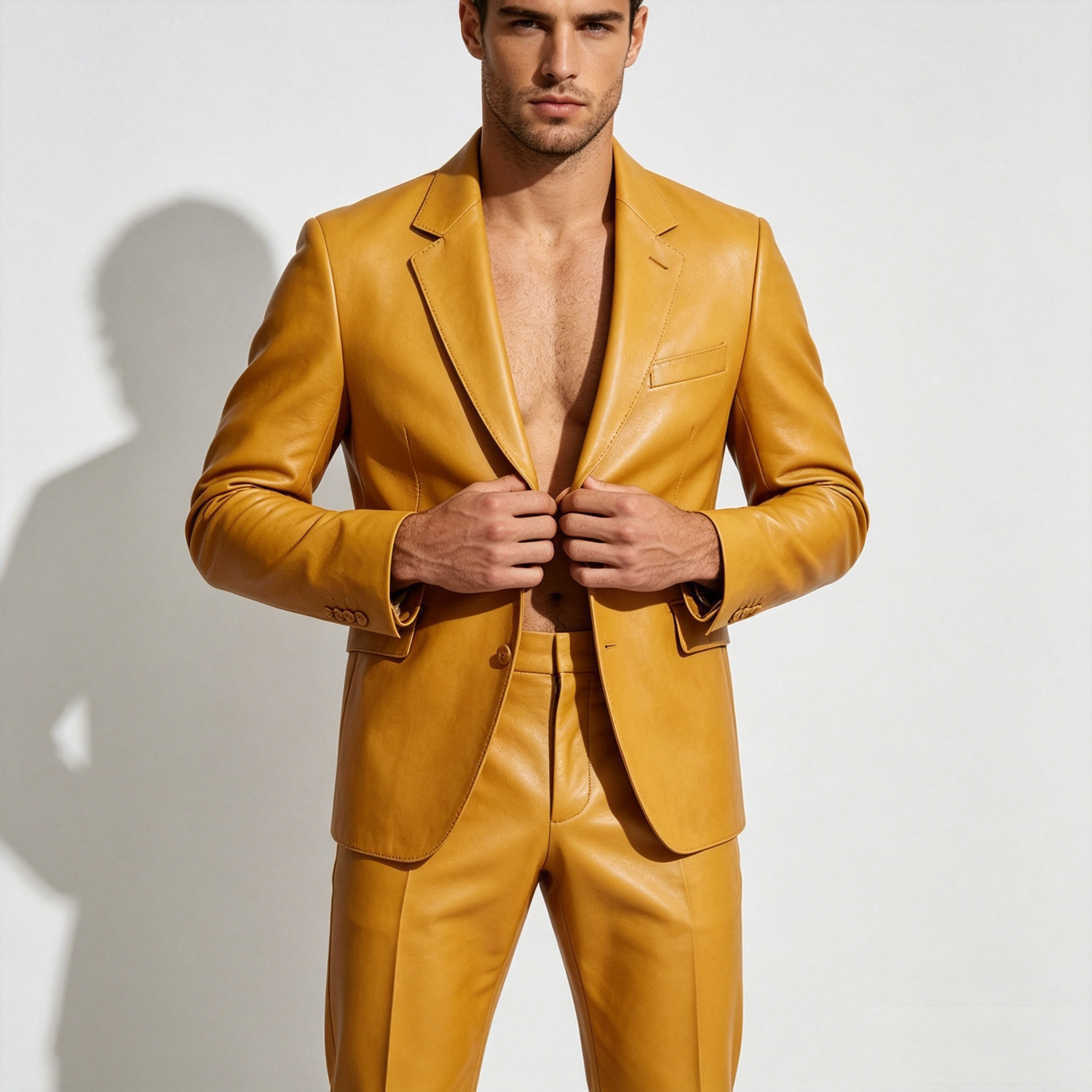 Yellow PU Leather Men Suit Set - Formal Wear For Men Yellow incelemesi ve fiyatı